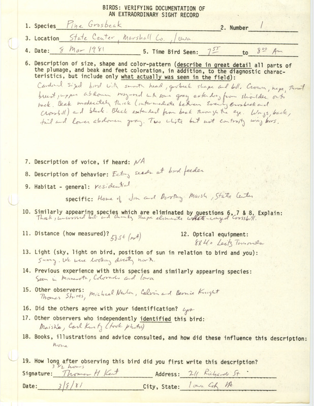 Rare bird documentation form for a Pine Grosbeak at State Center in Marshall County, IA on March 8, 1981.