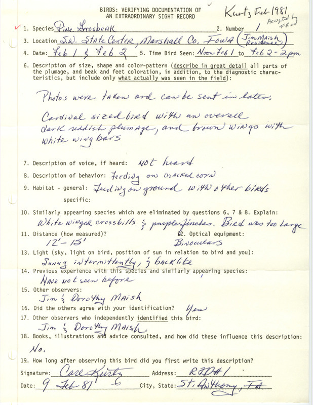 Rare bird documentation form for a Pine Grosbeak at State Center in Marshall County, IA on February 1 and 2, 1981.