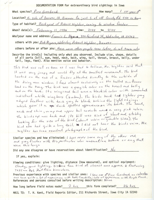 Rare bird documentation form for a Pine Grosbeak at Denver in Bremer County, IA on February 11, 1984.