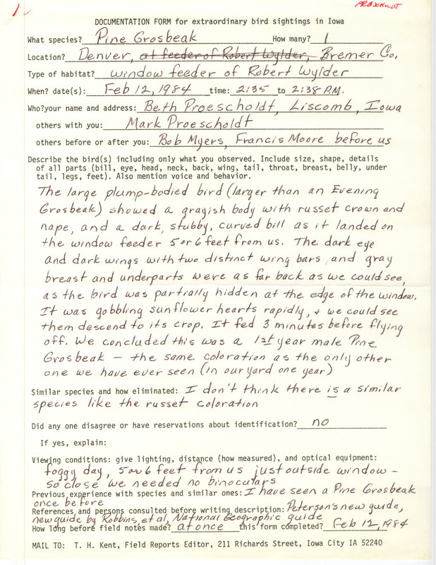 Rare bird documentation form for a Pine Grosbeak at Denver in Bremer County, IA on February 12, 1984.