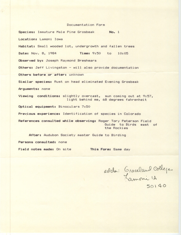 Rare bird documentation form for a Pine Grosbeak at Lamoni in Decatur County, IA on November 8, 1984.