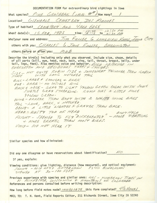 Rare bird documentation form for a Pine Grosbeak at Glendale Cemetery in Des Moines in Polk County, IA on February 15, 1985.