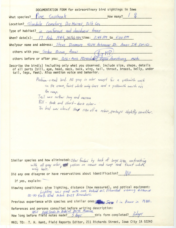 Rare bird documentation form for a Pine Grosbeak at Glendale Cemetery in Des Moines in Polk County, IA on February 17 and 24, 1985.