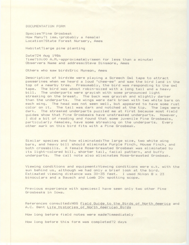 Rare bird documentation form for a Pine Grosbeak at State Forest Nursery in Ames in Story County, IA on August 24, 1986.