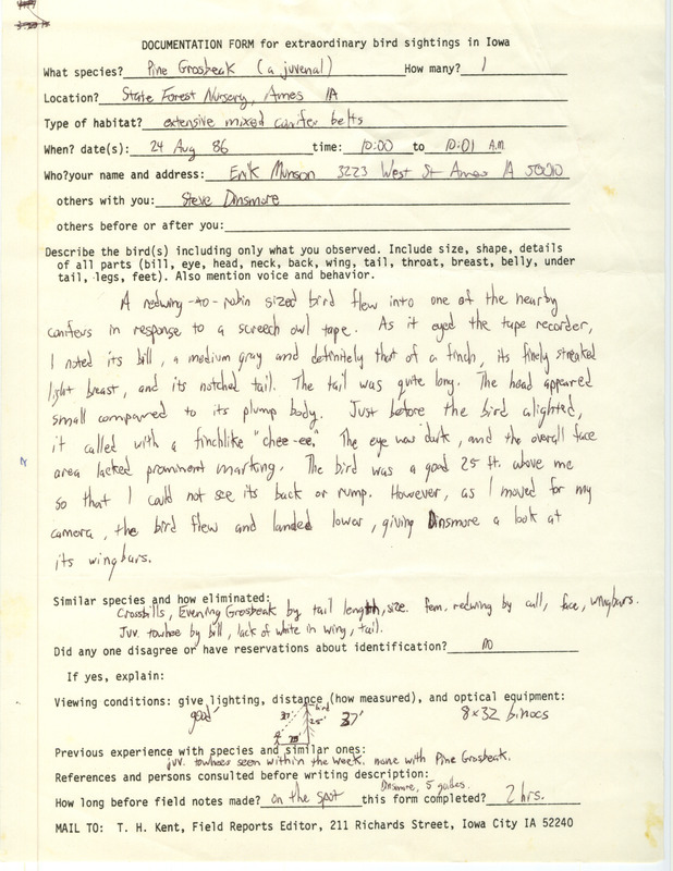 Rare bird documentation form for a Pine Grosbeak at State Forest Nursery in Ames in Story County, IA on August 24, 1986.