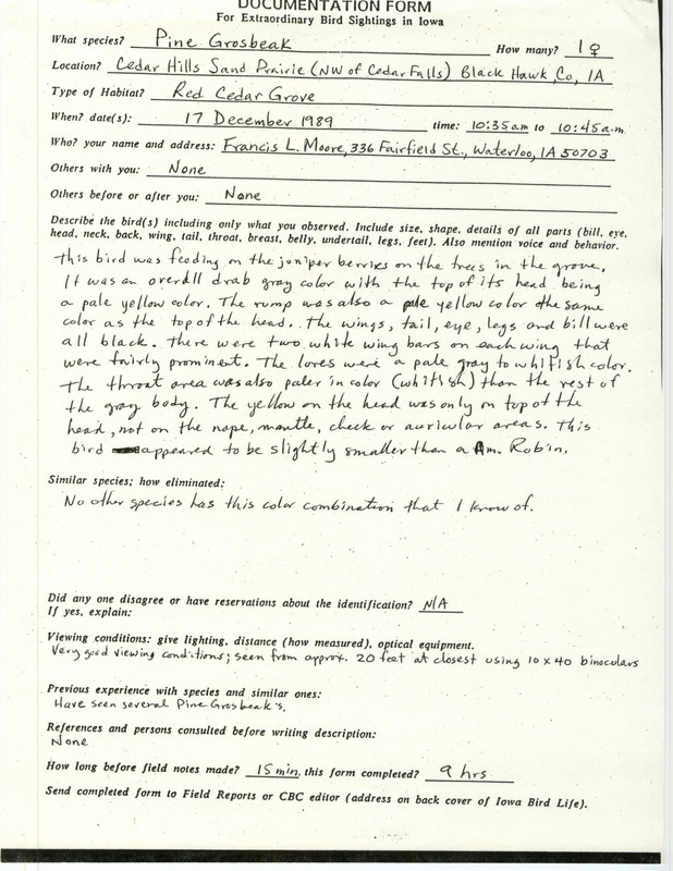 Rare bird documentation form for a Pine Grosbeak at Cedar Hills Sand Prairie in Black Hawk County, IA on December 17, 1989.