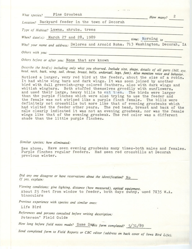 Rare bird documentation form for two Pine Grosbeaks at Decorah in Winneshiek County, IA on March 27 and 28, 1989.