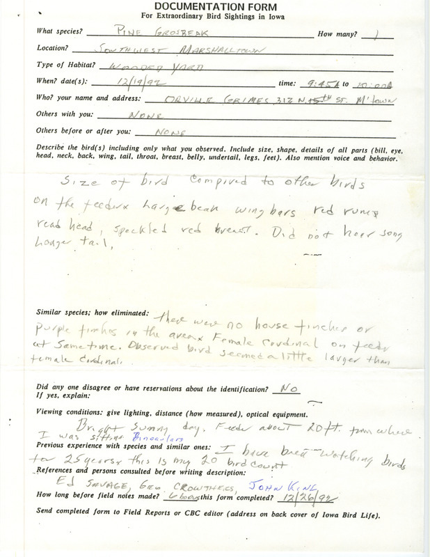 Rare bird documentation form for a Pine Grosbeak at Marshalltown in Marshall County, IA on December 19, 1992.