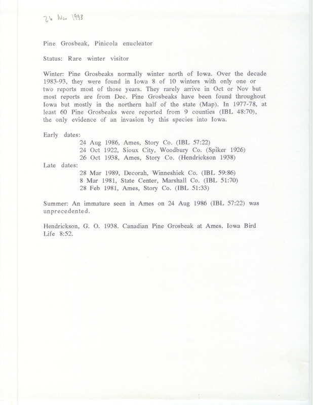 Report about Pine Grosbeaks in Iowa with a focus on the years 1983-1993 prepared on November 26, 1993.