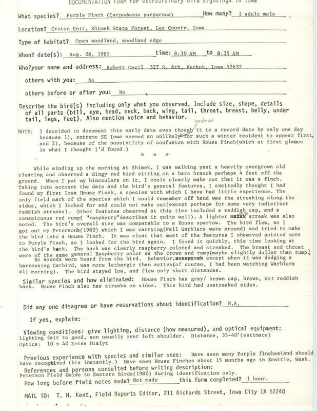 Rare bird documentation form for a Purple Finch at the Croton Unit at Shimek State Forest in Lee County, IA on August 28, 1985.