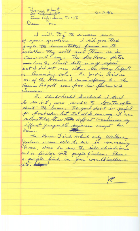 Letter sent on June 13, 1982 from Ross Silcock to Thomas Kent discussing rare bird sightings for in 1982. It features discussion of sighting of a House Finch at Pocahontas in Pocahontas County, IA on June 3, 1982.