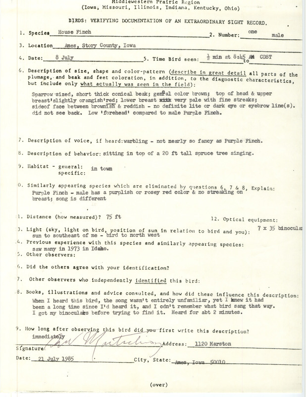 Rare bird documentation form for a House Finch at Ames in Story County, IA on July 8, 1985.