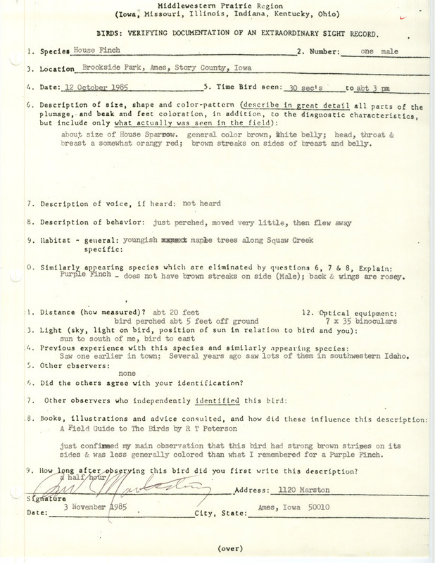 Rare bird documentation form for a House Finch at Brookside Park in Ames in Story County, IA on October 12, 1985.