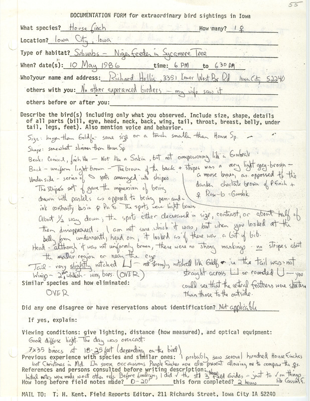 Rare bird documentation form for a House Finch at Iowa City in Johnson County, IA on May 10, 1986.