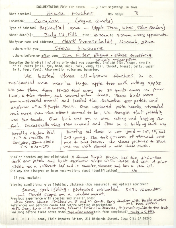 Rare bird documentation form for three House Finches at Corydon in Wayne County, IA on July 12, 1986.