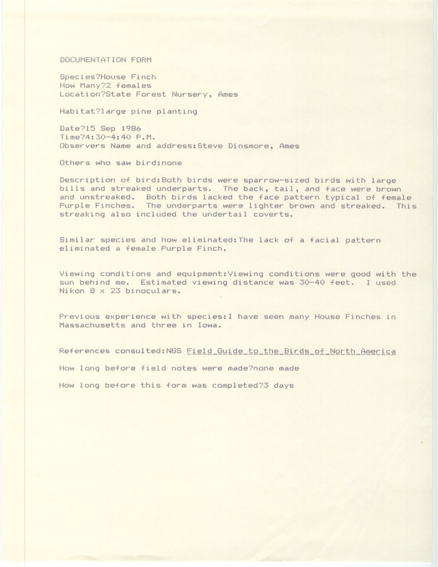 Rare bird documentation form for two House Finches at State Forest Nursery in Ames in Story County, IA on September 15, 1986.