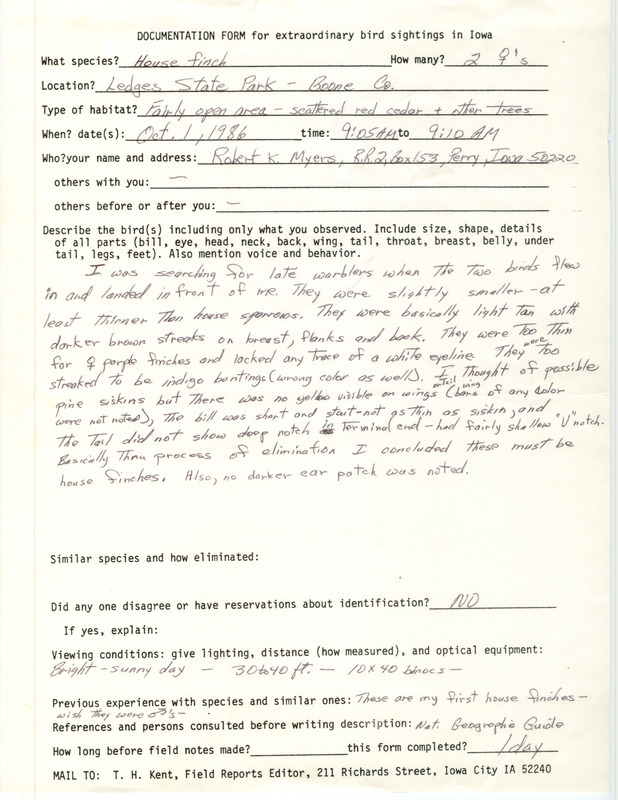 Rare bird documentation form for two House Finches at Ledges State Park in Boone County, IA on October 1, 1986.