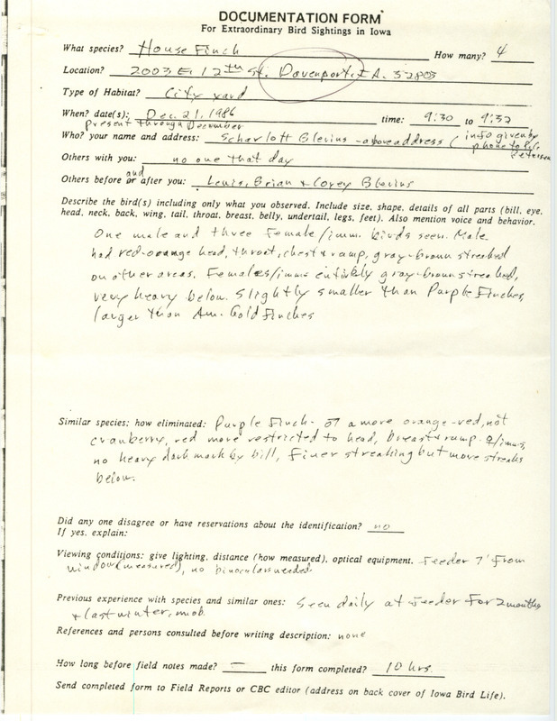 Rare bird documentation form for four House Finches at Davenport in Scott County, IA on December 21, 1986.