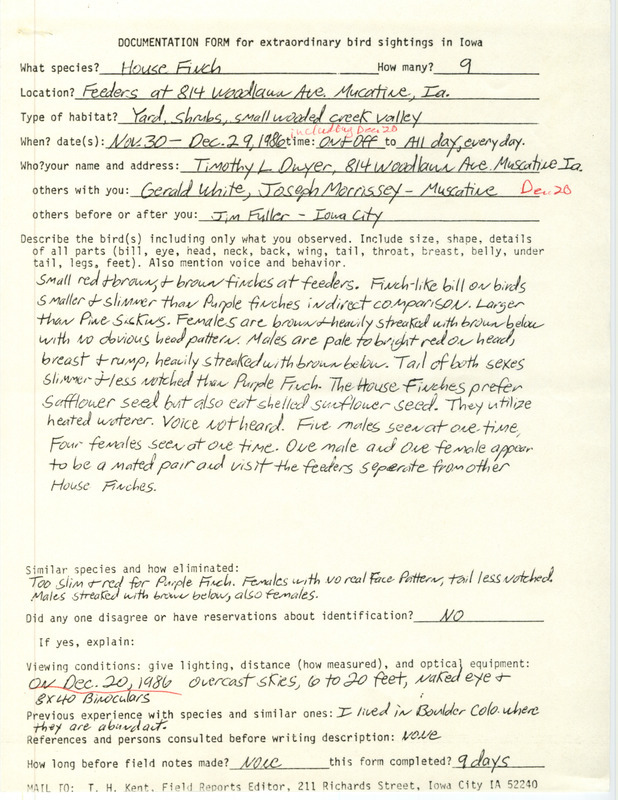 Rare bird documentation form for nine House Finches at Muscatine in Muscatine County, IA from November 30 to December 29, 1986. Includes handwritten annotations about specific sighting on December 20, 1986.