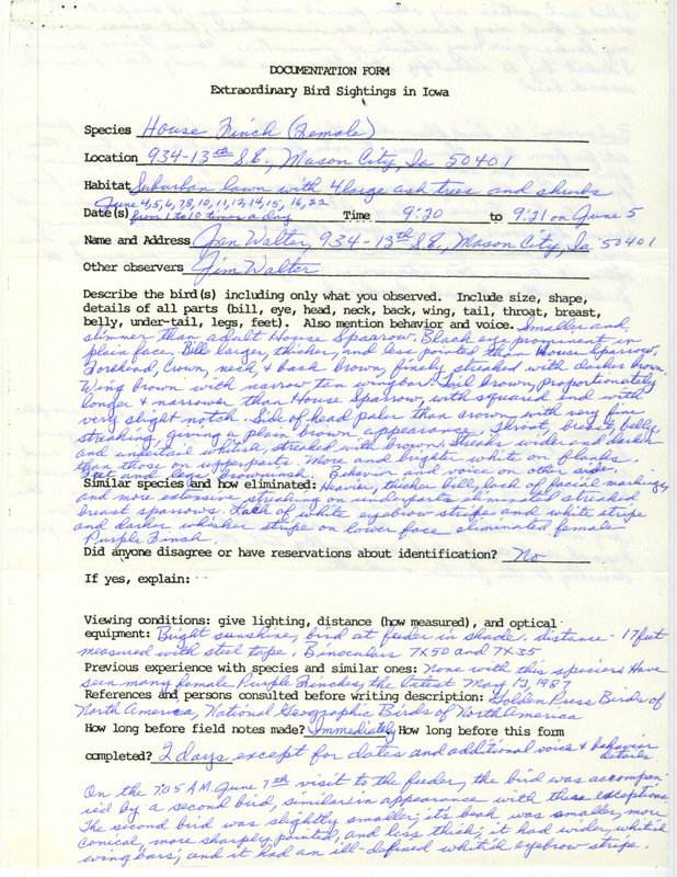 Rare bird documentation form for a House Finch at Mason City in Cerro Gordo County, IA seen on multiple occasions between June 4 and June 22, 1987.