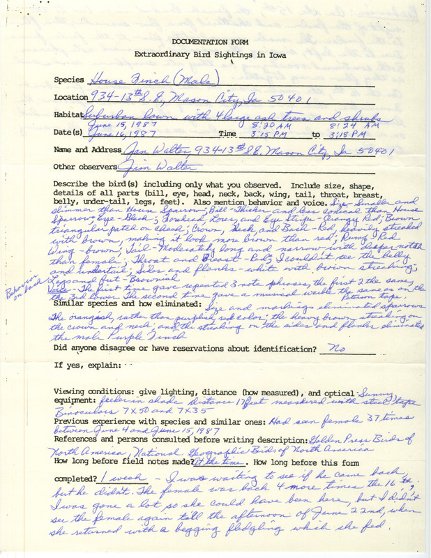 Rare bird documentation form for a House Finch at Mason City in Cerro Gordo County, IA on June 15 and 16, 1987.