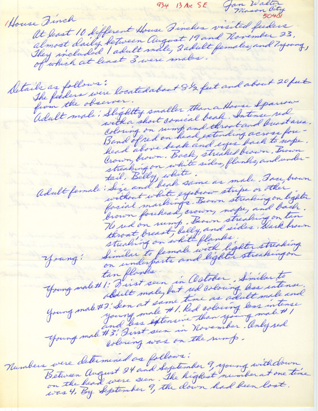 Rare bird documentation for ten House Finches at Mason City in Cerro Gordo County, IA between August 19 and November 23, 1987.