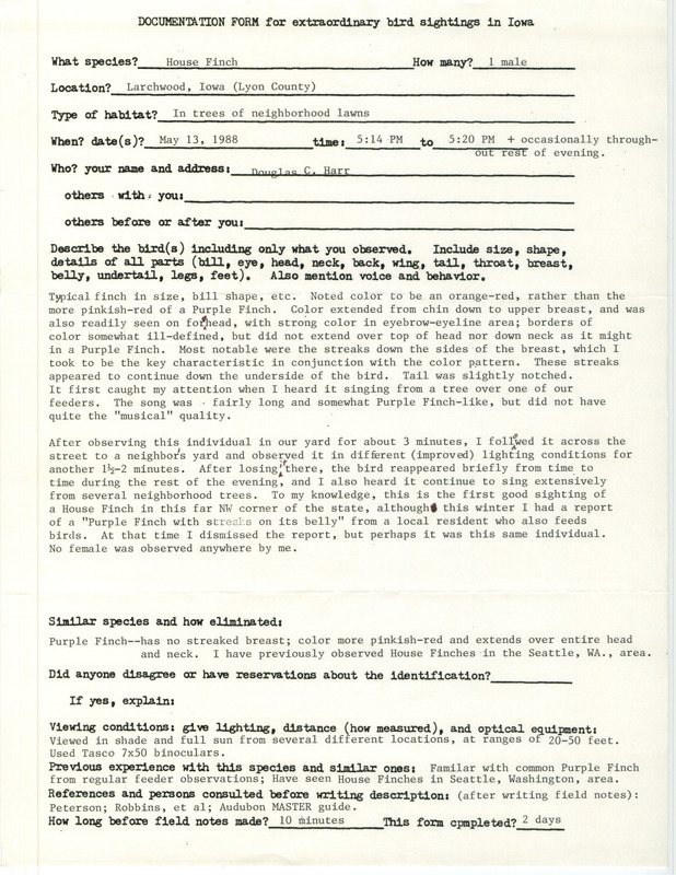 Rare bird documentation form for a House Finch at Larchwood in Lyon County, IA on May 13, 1988.