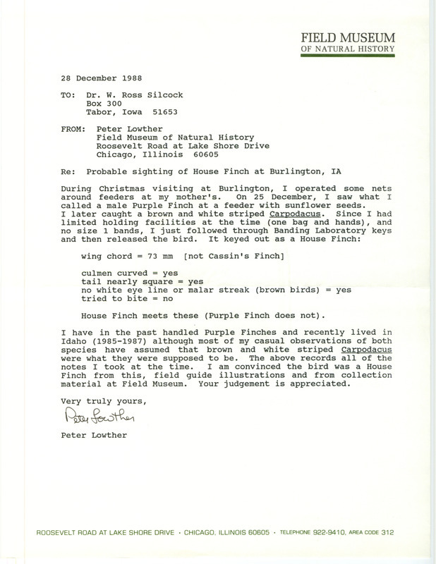 Letter from Peter Lowther to W. Ross Silcock about a House Finch sighting in Burlington on December 25, 1988.