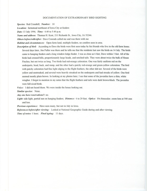 Rare bird documentation form for ten Red Crossbills northeast of Iowa City in Johnson County, IA on July 13, 1996.