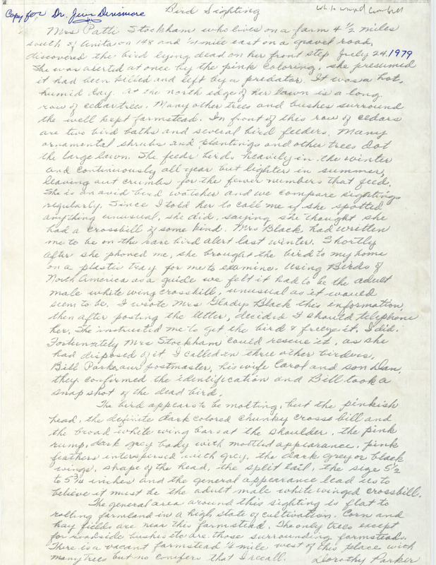 Copy of a field report by Dorothy Parker regarding a dead White-winged Crossbill found by Patti Stockham for a White-winged Crossbill on her farm in Cass County, IA on July 24, 1979.