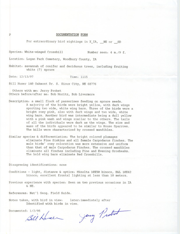 Rare bird documentation form for thirteen White-winged Crossbills at Logan Park Cemetery in Woodbury County, IA on December 13, 1997.