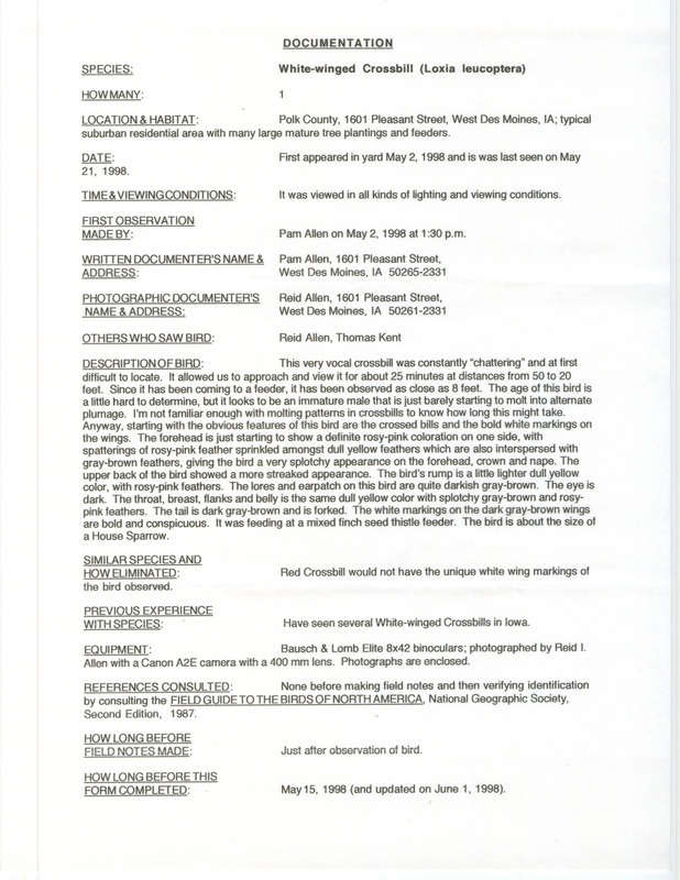 Rare bird documentation form for a White-winged Crossbill at West Des Moines in Polk County, IA on May 2 to 21, 1998.