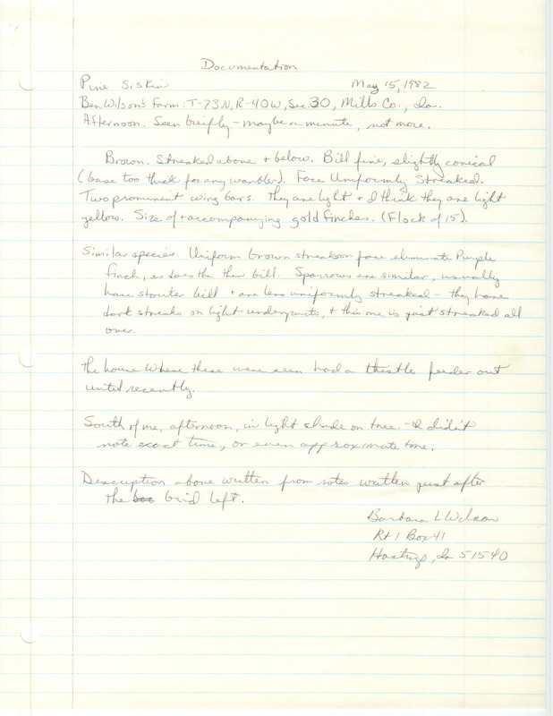 Rare bird documentation form for a Pine Siskin at Anderson Township in Mills County, IA on May 15, 1982.