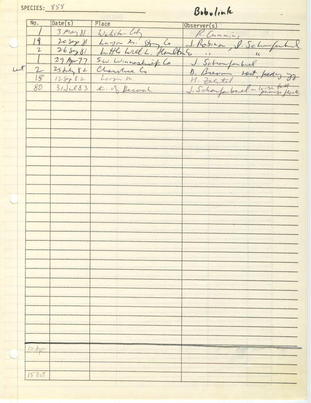 Compilation of sightings data for the Bobolink submitted to the Iowa Ornithologists' Union by members between the years 1977-1983. The document also includes the name of the observer, date and location.