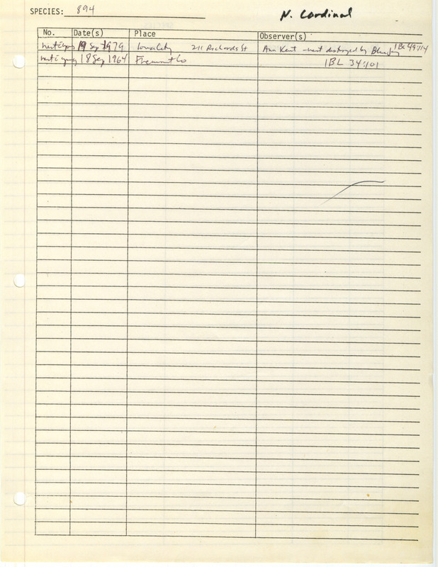 Compilation of sightings data for the Northern Cardinal submitted to the Iowa Ornithologists' Union by members between the years 1964-1979. The document also includes the name of the observer, date and location.