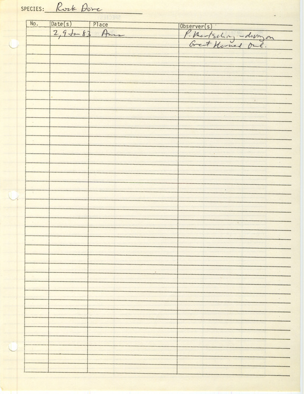 Compilation of sightings data for the Rock Dove (Common Pigeon) submitted to the Iowa Ornithologists' Union by members for January 1983. The document also includes the name of the observer, date and location.