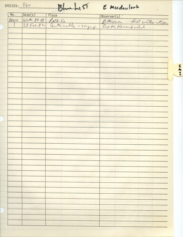 Compilation of sightings data for the Eastern Meadowlark submitted to the Iowa Ornithologists' Union by members between the years 1980-1982. The document also includes the name of the observer, date, and location. Document titled "The blue list."