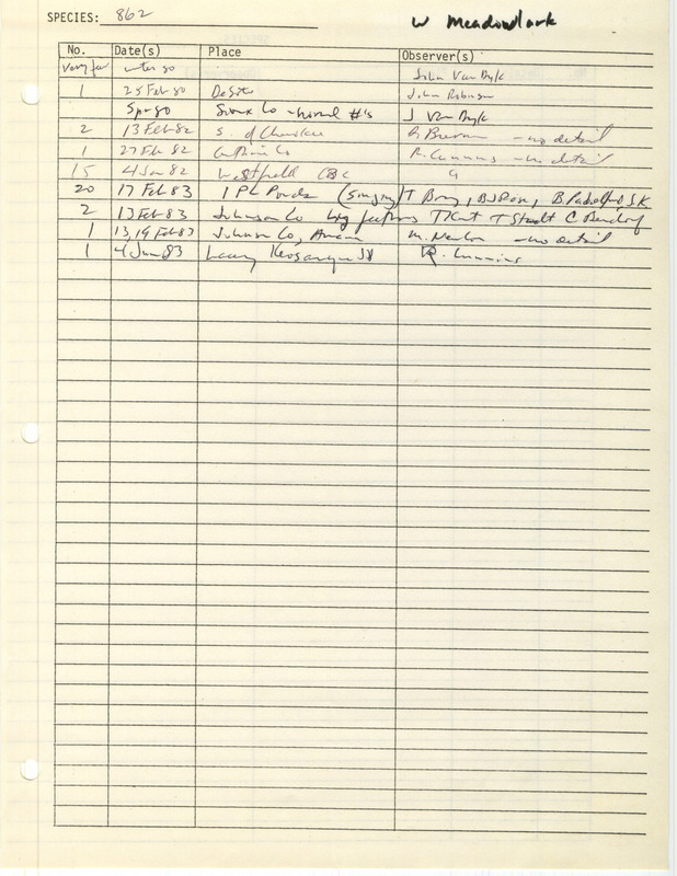 Compilation of sightings data for the Western Meadowlark submitted to the Iowa Ornithologists' Union by members between the years 1980-1983. The document also includes the name of the observer, date, and location.