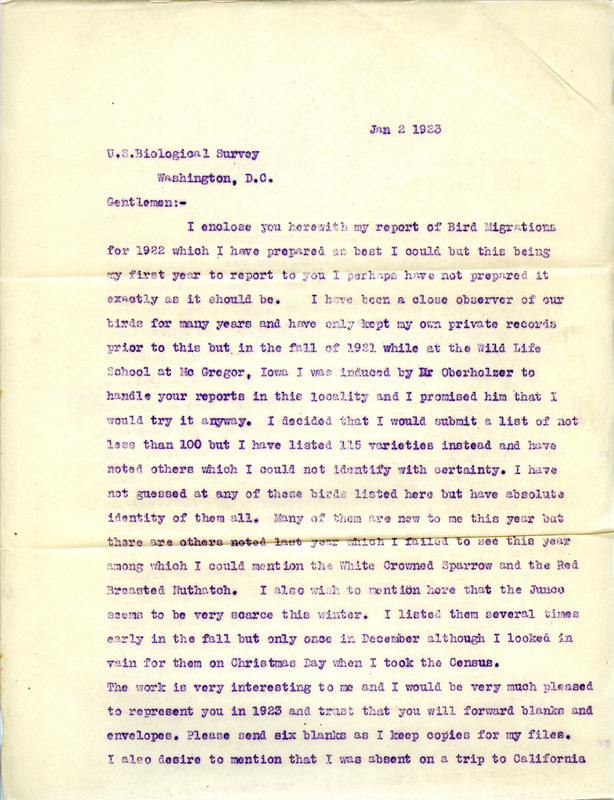 Letter from Walter Rosene to the United States Bureau of Biological Survey regarding a 1922 bird migration report, January 2, 1923. The letter also details Rosene's interest in observing birds and his desire to continue reporting bird sightings in 1923. Rosene also mentions a four day bird study he conducted at Ledges State Park with the assistance of Charles J. Spiker and Carl Fritz Henning.