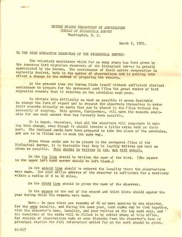 Letter from Edward William Nelson to the bird migration observers of the Biological Survey regarding a change in reporting bird observations, March 2, 1925. The letter details the shortage of clerical assistance available to prepare permanent card files and requests bird observers fill out their bird sightings directly on the card. The letter provides specific instructions on how to complete and submit the cards.