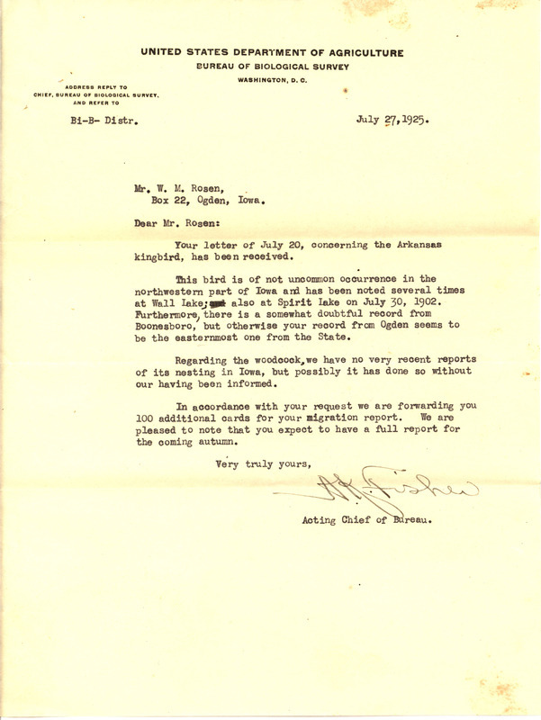 Letter from Albert K. Fisher to Walter Rosene regarding Arkansas Kingbird and American Woodcock records, July 27, 1925. Fisher provides details on the occurrence of Arkansas Kingbird and the American Woodcock observations in the state of Iowa.