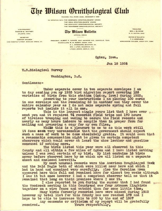 Letter from Walter Rosene to the United States Bureau of Biological Survey regarding a 1925 bird migration report, January 18, 1926. Rosene mentions this is the largest single year's list that he has ever completed, which involved 74 recorded field trips and observations of 153 varieties of birds from the station in Ogden. He also includes a list of birds formerly observed but not seen in 1925 as well as a list of 16 varieties of birds observed for the first time during the year.