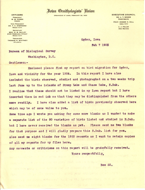 Letter from Walter Rosene to the United States Bureau of Biological Survey regarding a 1924 bird migration report, February 7, 1925. Rosene mentions that he has included in his report the birds observed in Ogden and the surrounding vicinity as well as those observed on a two week trip to Stump Lake and Chase Lake, North Dakota.