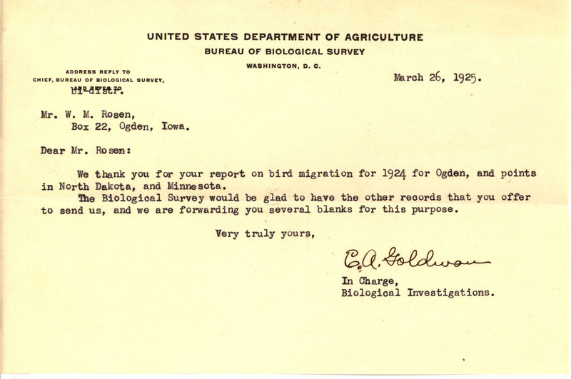 Letter from Edward Alphonso Goldman to Walter Rosene regarding the receipt of the 1924 bird migration report from Ogden, North Dakota, and Minnesota, March 26, 1925. Goldman also expresses interest in any other records Rosene would like to offer.