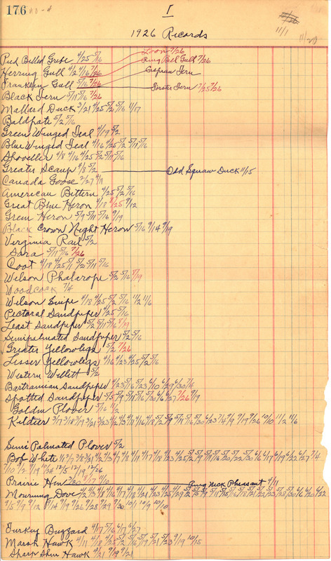 List of birds sighted by Walter Rosene during 1926 annotated with sighting dates.