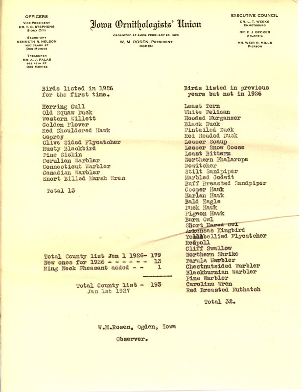 Enclosure from Walter Rosene sent to Bureau of Biological Survey with a letter dated January 11, 1927. Rosene lists birds sighted in 1926 for the first time and birds sighted in previous years but not in 1926.