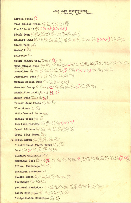 List of birds sighted by Walter Rosene during 1927 annotated with sighting dates.