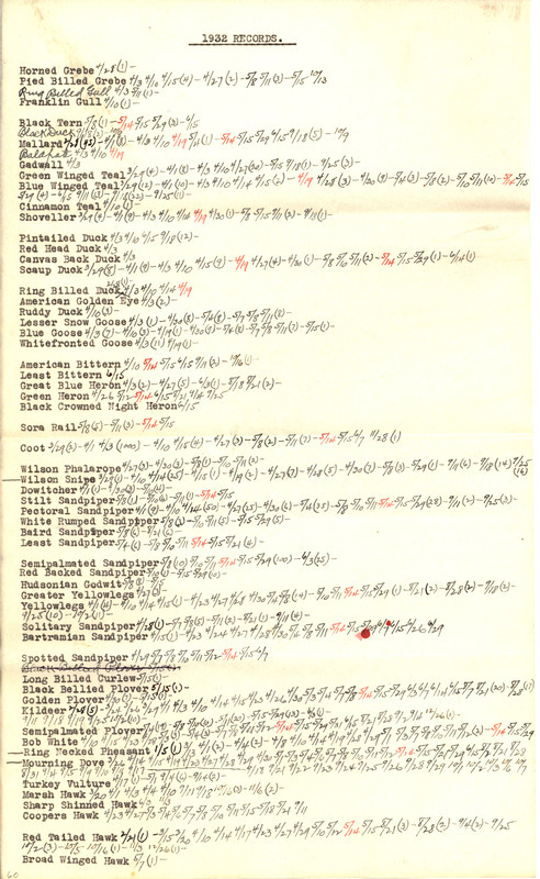 List of birds sighted by Walter Rosene during 1932 annotated with sighting dates.