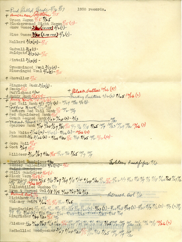 List of birds sighted by Walter Rosene during 1938 annotated with sighting dates.