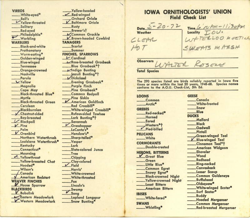 Two field check lists of bird sightings, one of birds observed at Sweet March and the other a composite list from the 50th Iowa Ornithologists' Union meeting in Waterloo, both compiled by Walter Rosene, Jr., May 20-21, 1972.